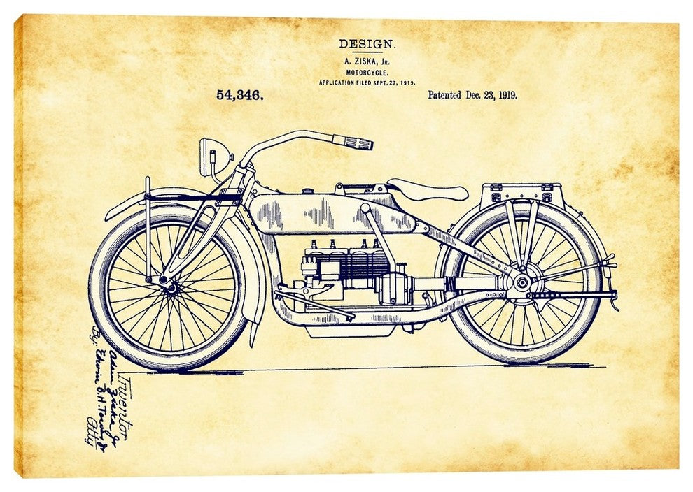 Epic Graffiti "Vintage Motorcycle Patent Blueprint" Giclee Canvas Art, 26"x40"