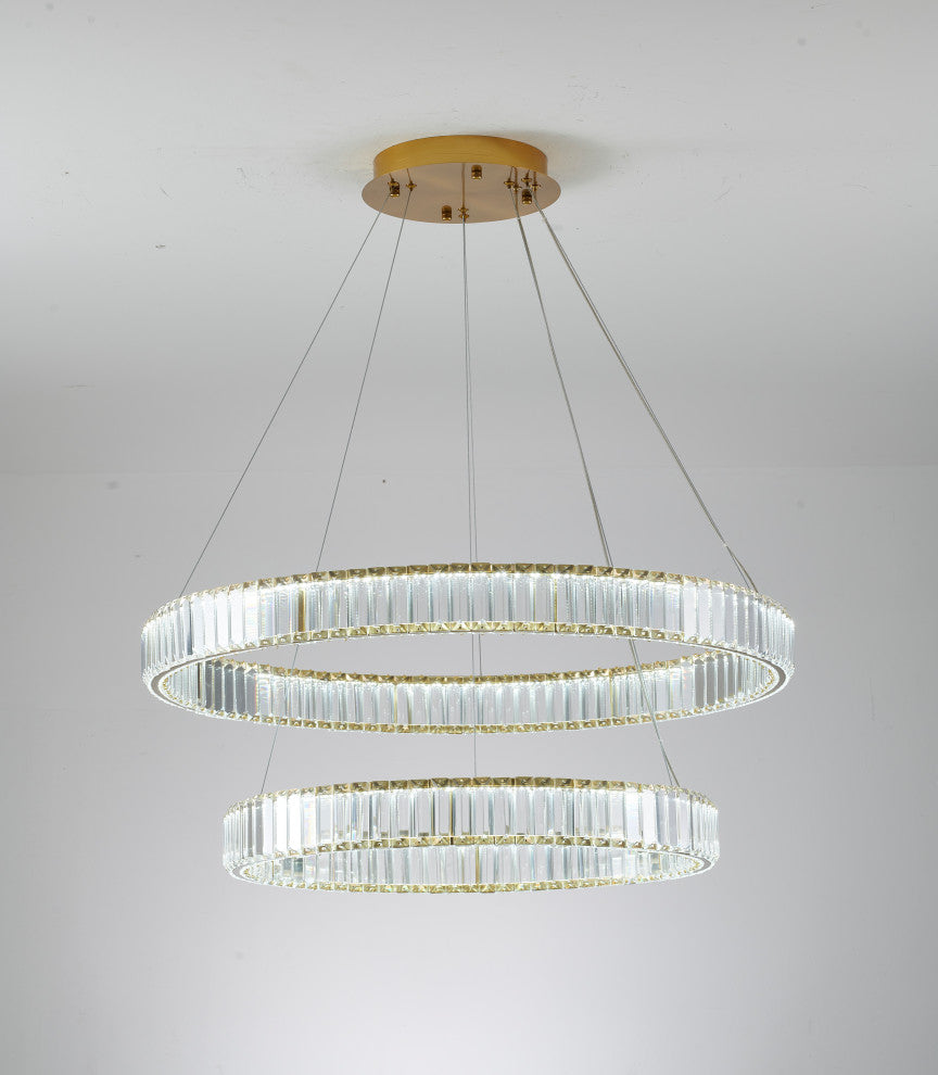 2 Tier Clear Crystal Halo Ring Chandelier With Gold Hardware
