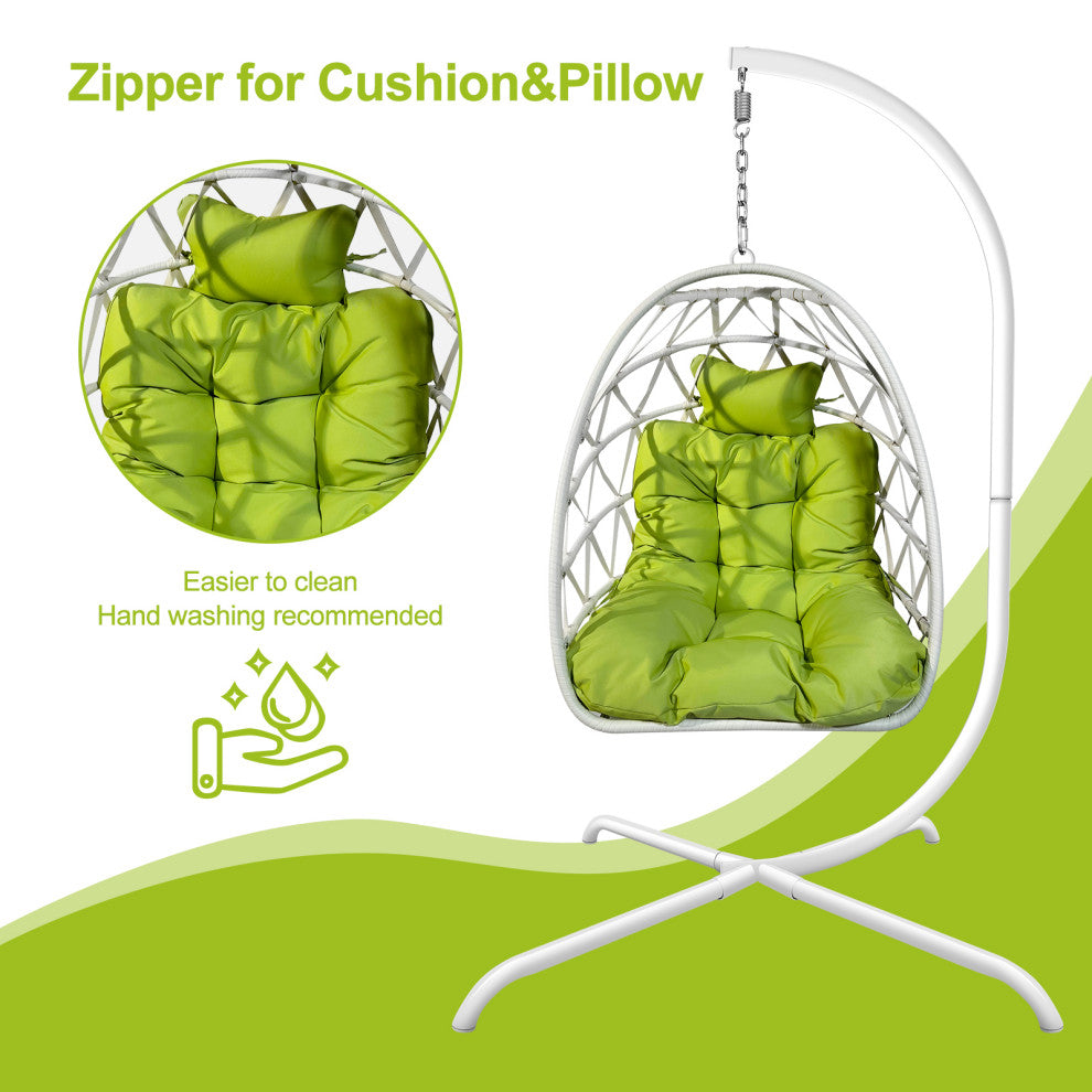 Outdoor Rattan Swing Chair Folding Hanging Egg Chair With Cushion and Pillow