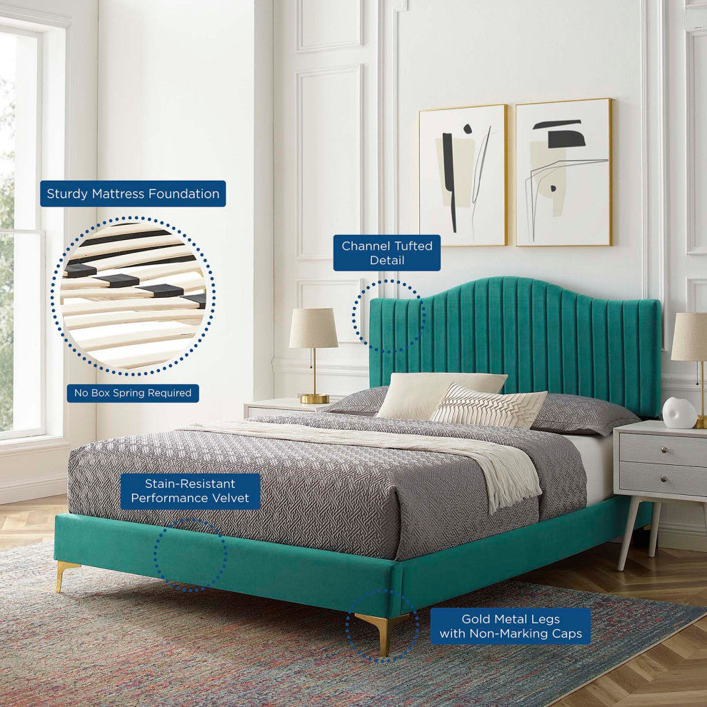 Tufted Platform Bed Frame, King Size, Velvet, Teal Blue, Modern Contemporary