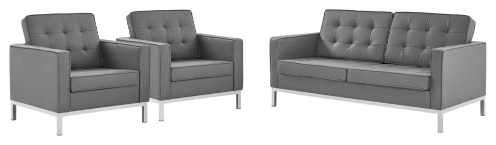 Tufted Armchair and Loveseat Sofa Set, Faux Leather, Silver Gray, Modern