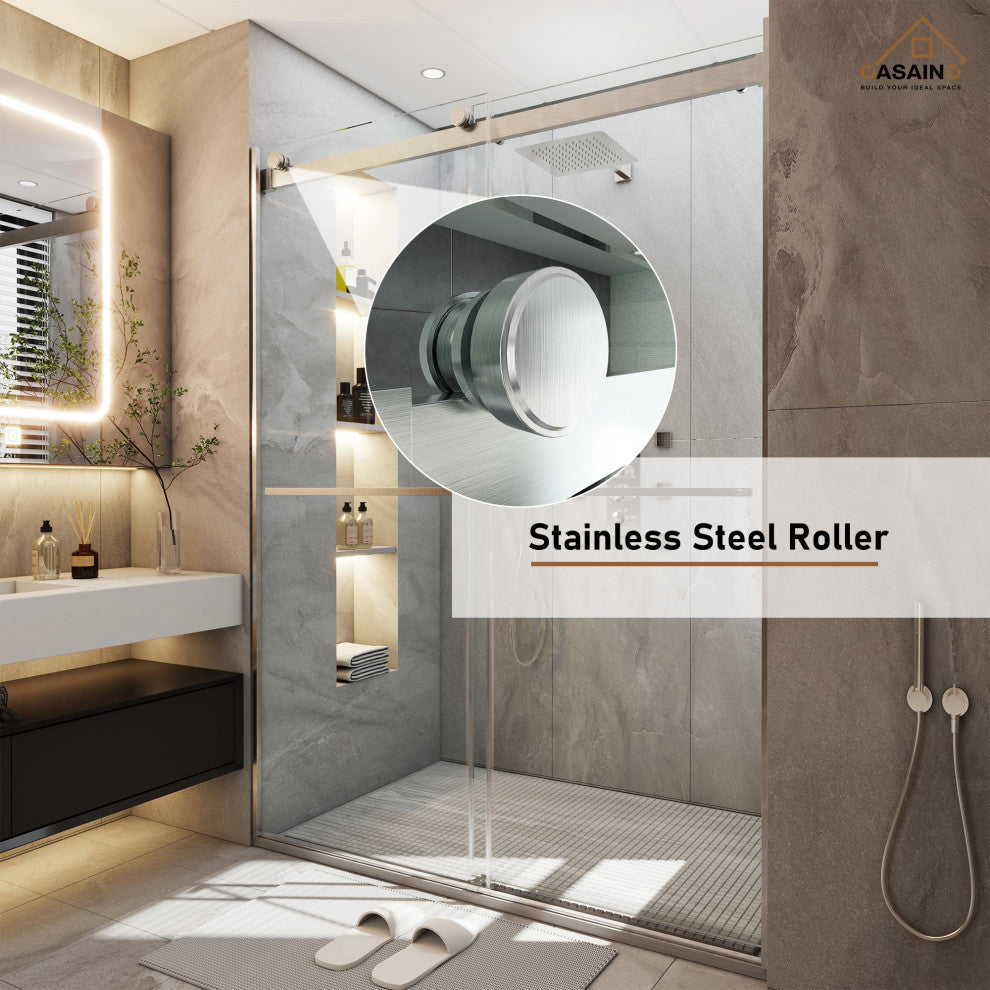 48-in x 76-in Frameless Sliding Shower Door, Brushed Nickel