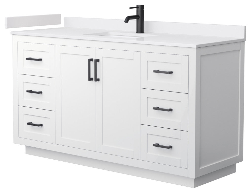 Miranda 60" White SGL Vanity, White Cult. Marble Top, Black Trim