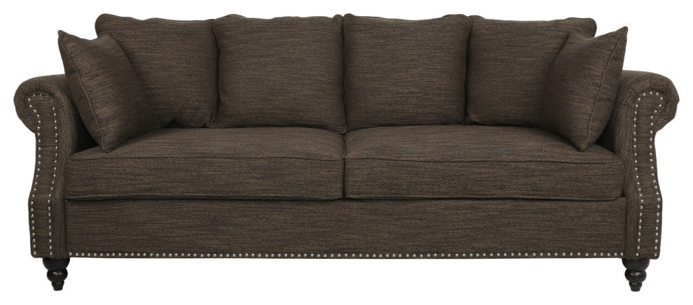 Bonny Fabric Pillowback 3-Seater Sofa With Nailhead Trim, Brown/Dark Brown