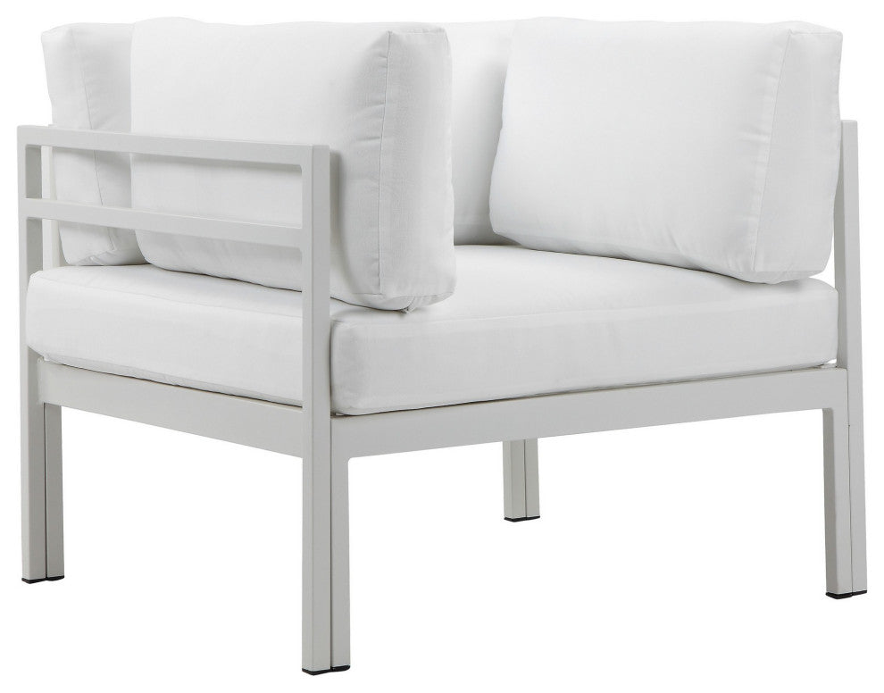 Benzara BM287772 Outdoor Armchair, White Aluminum, Water Resistant Cushions