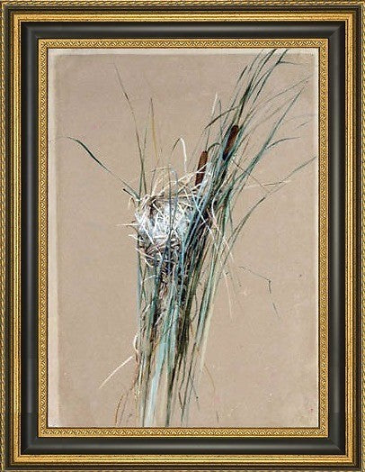Fidelia Bridges Bird's Nest in Cattails Framed Premium Canvas Print, 16"x24"