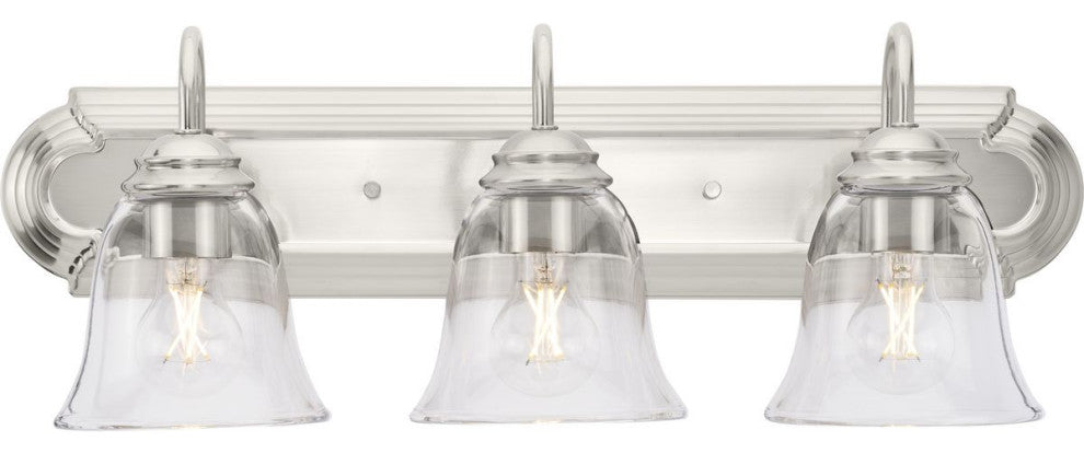 Three-Light Brushed Nickel Transitional Bath and Vanity Light With Clear Glass
