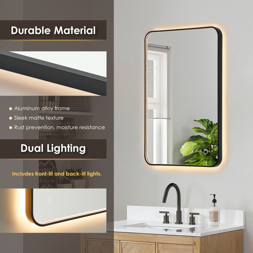 Dazzle Rectangular Bathroom/Vanity LED Lighted Wall Mirror, Matte Black, 24"