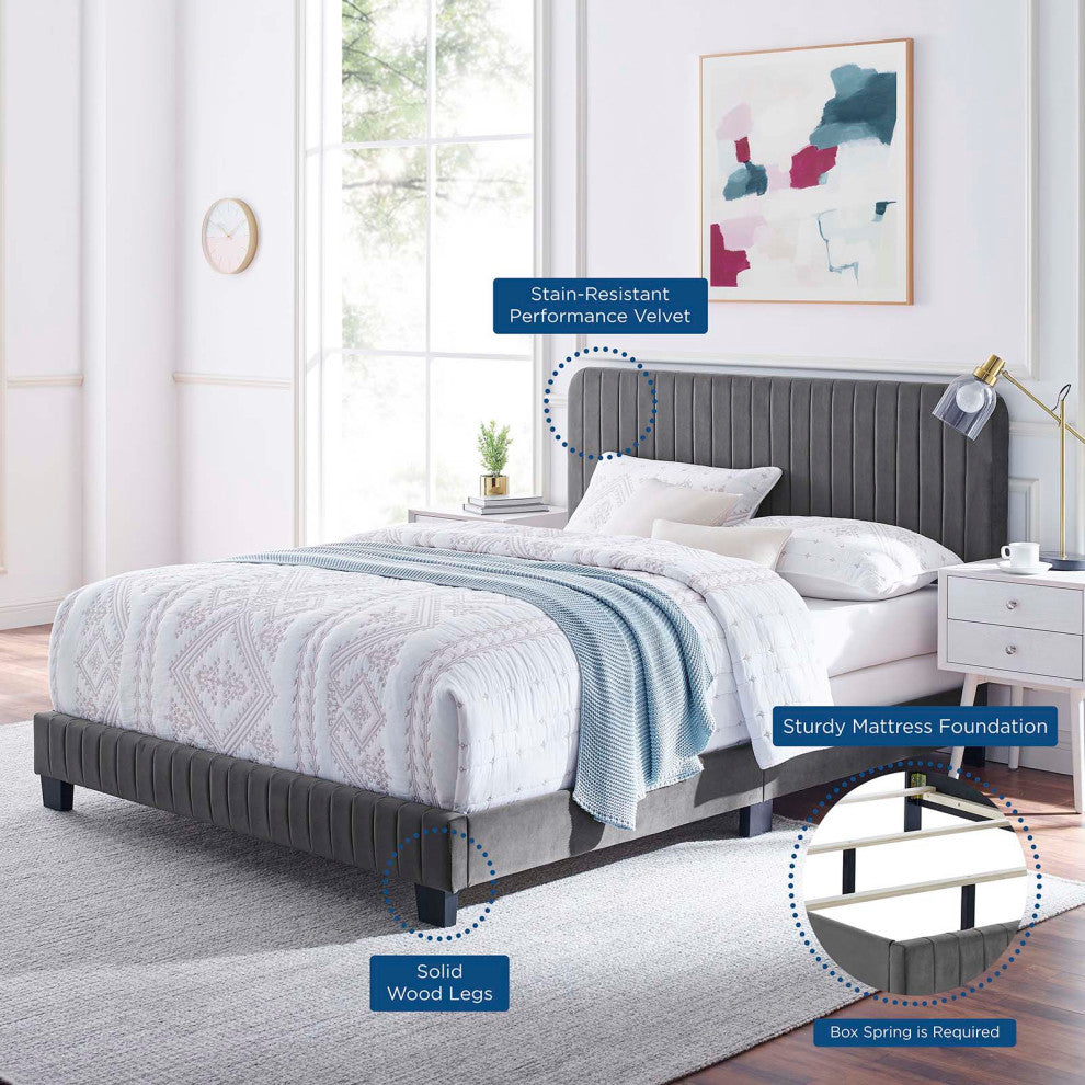 Tufted Platform Bed Frame, Full Size, Velvet, Grey Gray, Modern Contemporary