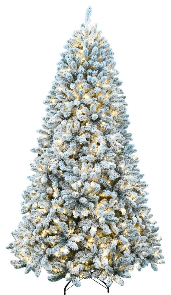 9-Ft. Flocked Winter Snow Pine Christmas Tree, Warm White LED Lighting