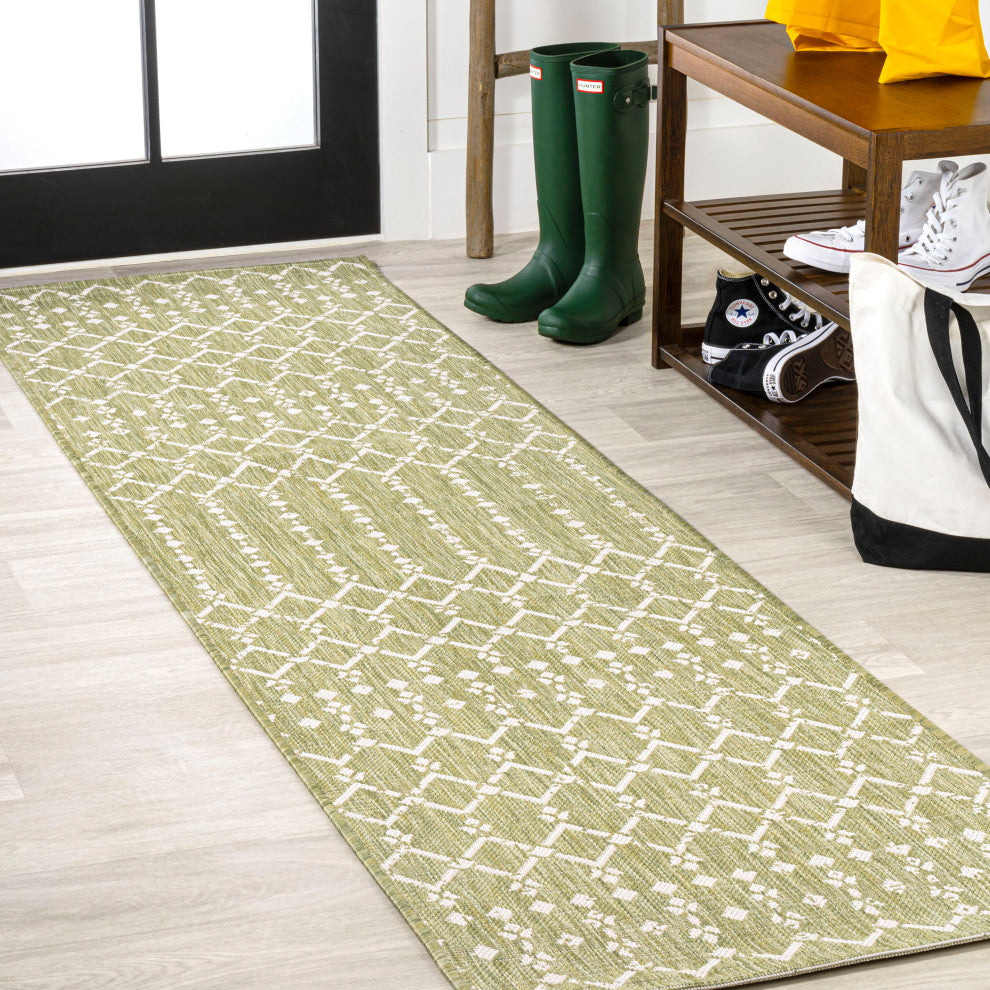 Ourika Moroccan Geometric Indoor/Outdoor Rug, Light Green/Cream, 2x8