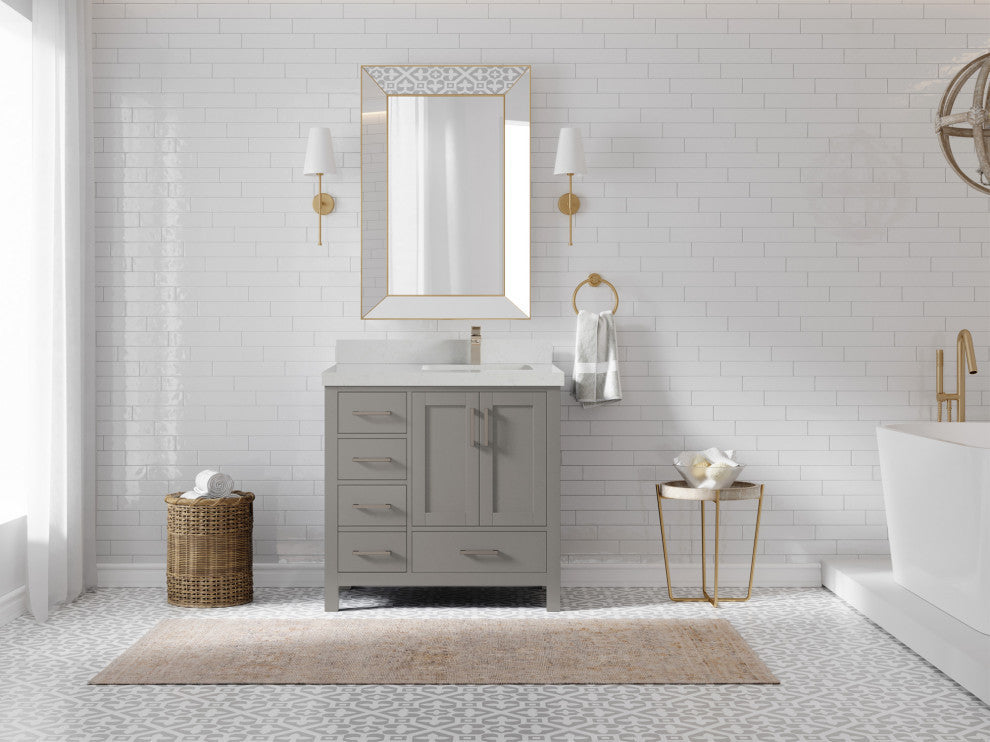 Malibu 36 Right Offset Bath Vanity in Elephant Skin Gray 2" Carrara Quartz