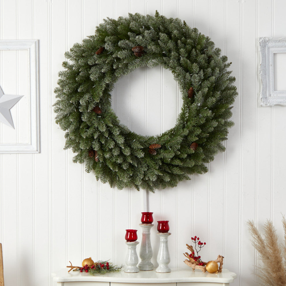 4ft. Large Flocked Faux Xmas Wreath W/Pinecone, Clear Lights & Bendable Branches