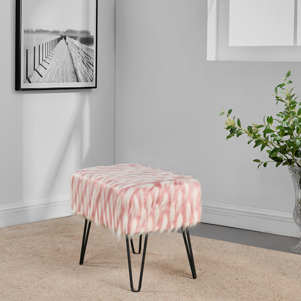 Feathery Faux Fur Ottoman, Pink, 19''x13''x17''