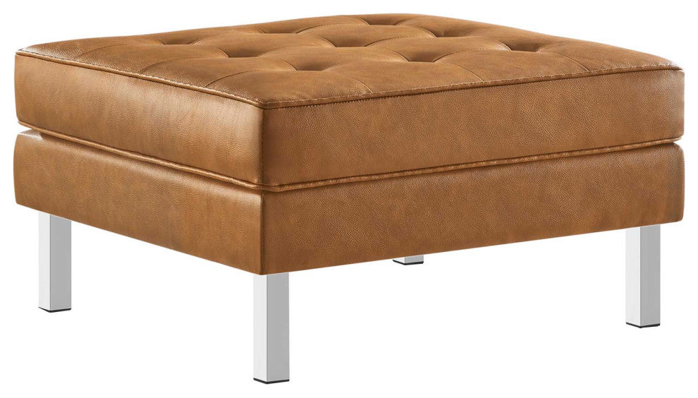 Loft Tufted Vegan Leather Sofa and Ottoman Set, Silver Tan