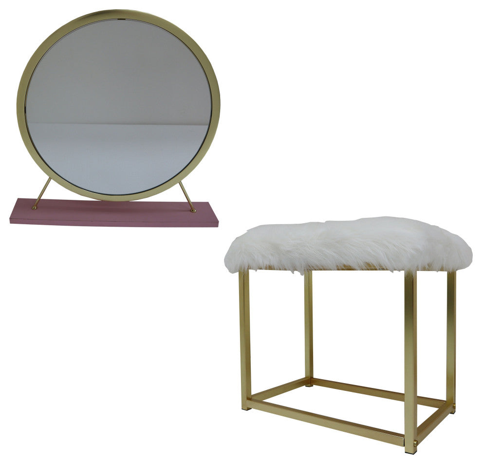 ACME Adao Vanity Mirror and Stool, Faux Fur, Mirror, Pink and Gold Finish