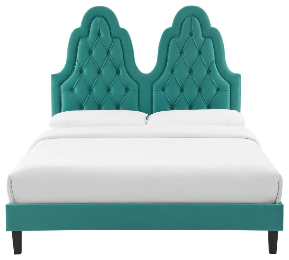 Tufted Platform Bed Frame, Twin Size, Velvet, Teal Blue, Modern Contemporary