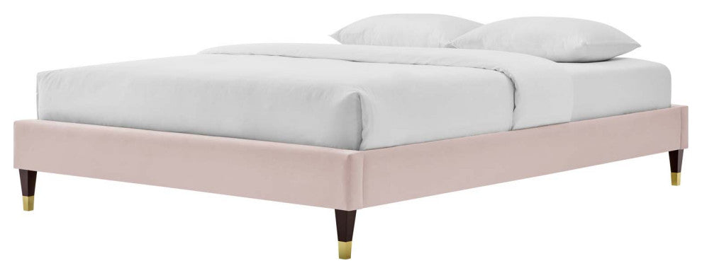 Platform Bed Frame, Full Size, Velvet, Pink, Modern Contemporary, Bedroom Master