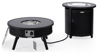 LeisureMod Walbrooke Round Fire Pit Table and Tank Holder With Slats, Black