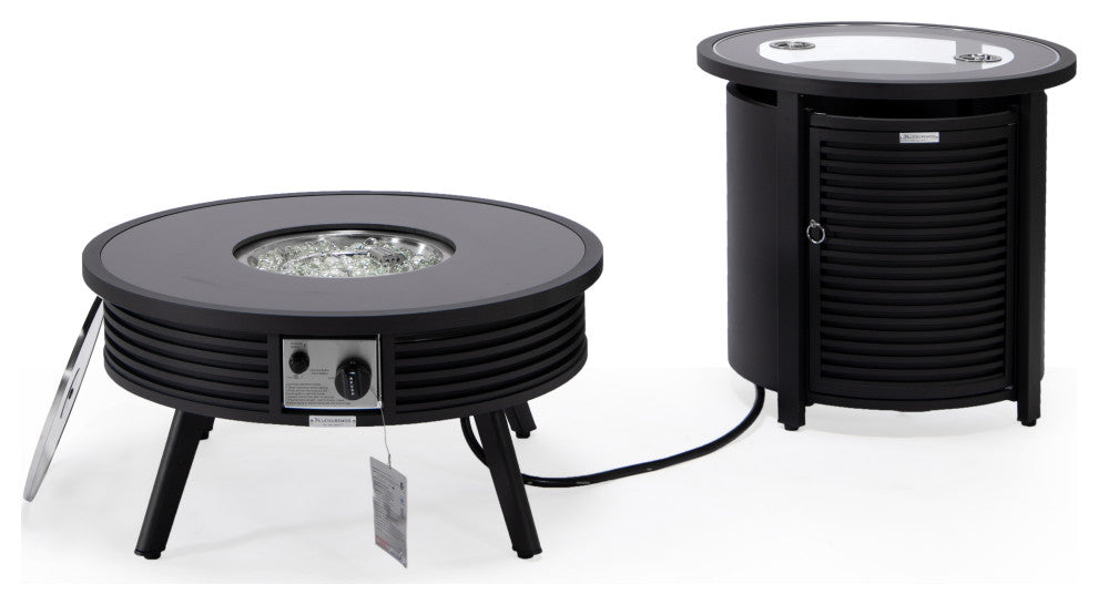 LeisureMod Walbrooke Round Fire Pit Table and Tank Holder With Slats, Black