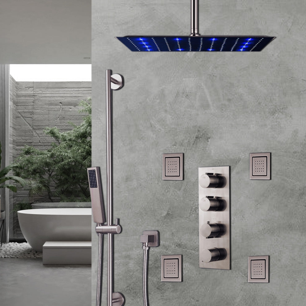 BathSelect Brushed Nickel Ceiling Mount Rainfall Shower Set With Therm
