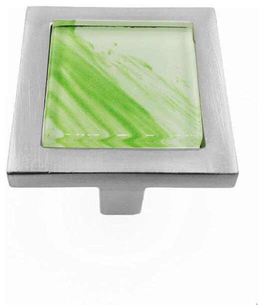 Hand Brushed Green Tilted Stroke Crystal Glass Brushed Nickel Square Manor Knob