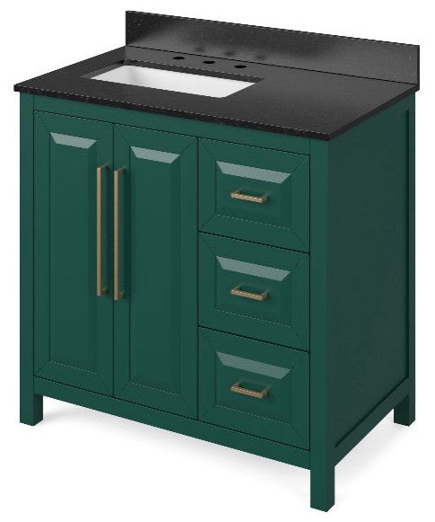 Cade Transitional 36" Forest Green Left Offset Sink Vanity, Black Granite Vanity