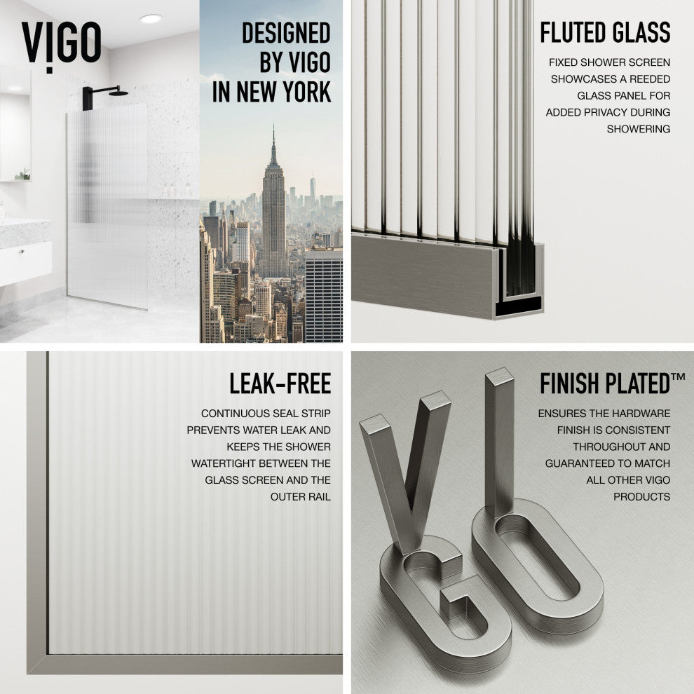 VIGO Zenith Frameless Fixed, Stainless Steel, Shower Screen, 34" W X 74" H, Fluted Glass