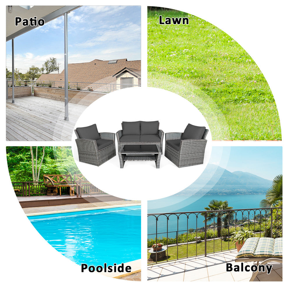 Costway 4PCS Patio Rattan Furniture Set Sofa Table W/Storage Shelf Gray Cushion