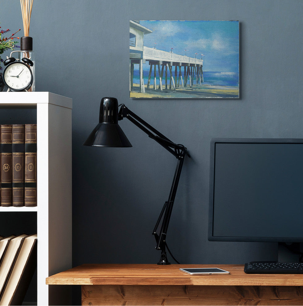 Beach Boardwalk Ocean Blue Landscape Painting, 16"x20", Canvas Art