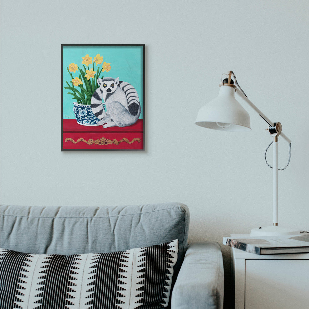 Lemur and Daffodil Flower Vase Blue Red Animal Painting, 16"x20"