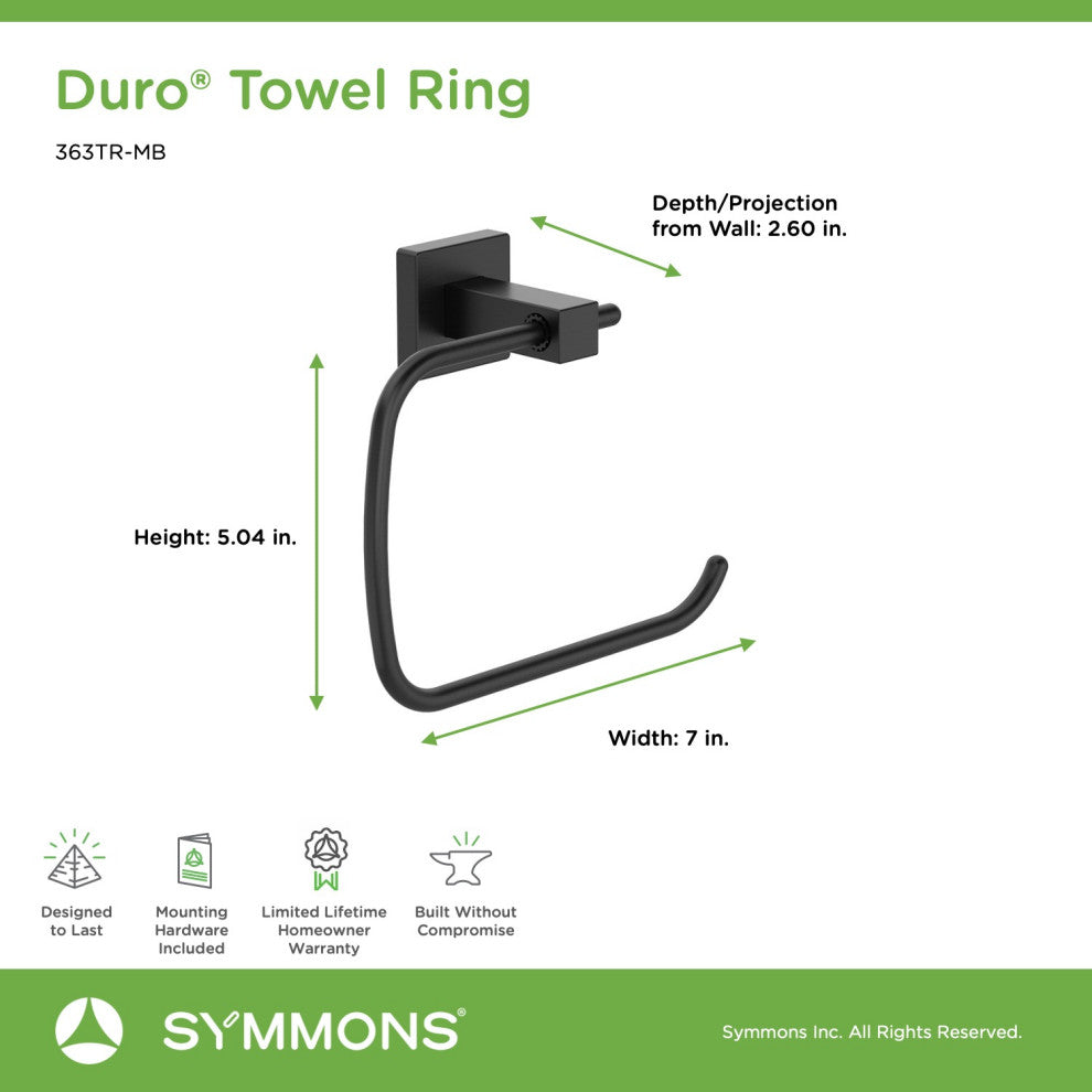 Duro Hand Towel Ring with Mounting Hardware, Matte Black