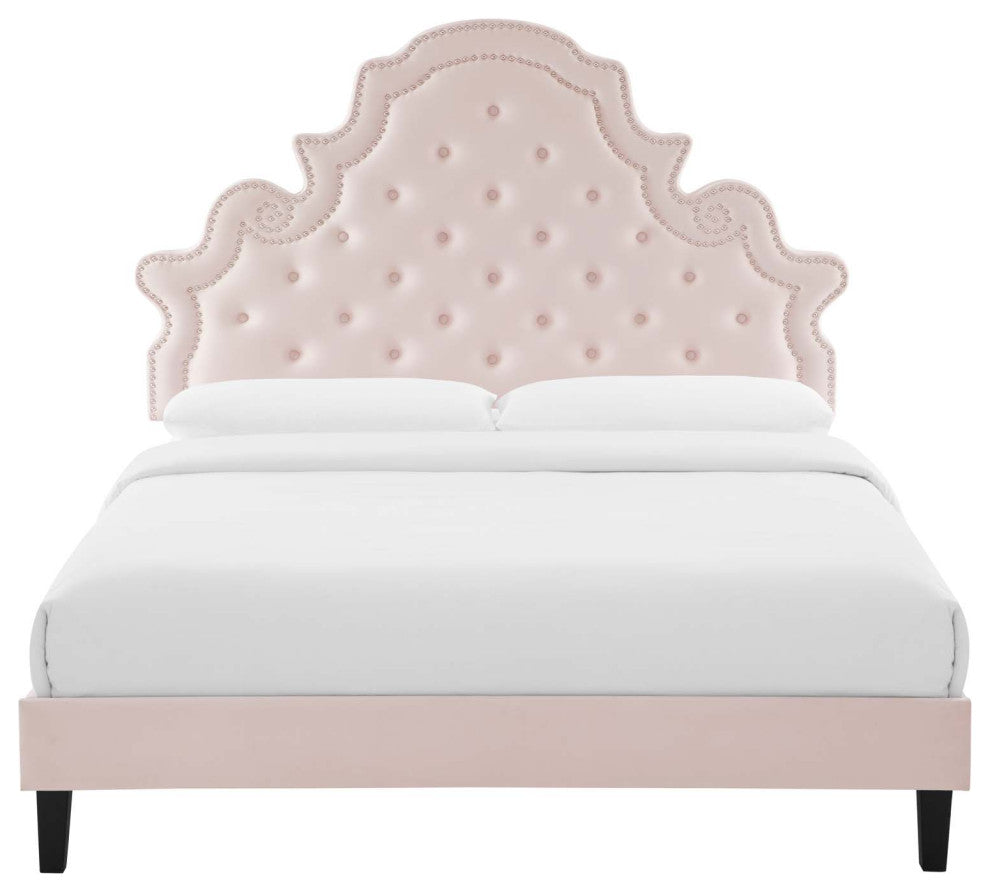 Tufted Platform Bed Frame, King Size, Velvet, Pink, Modern Contemporary, Bedroom