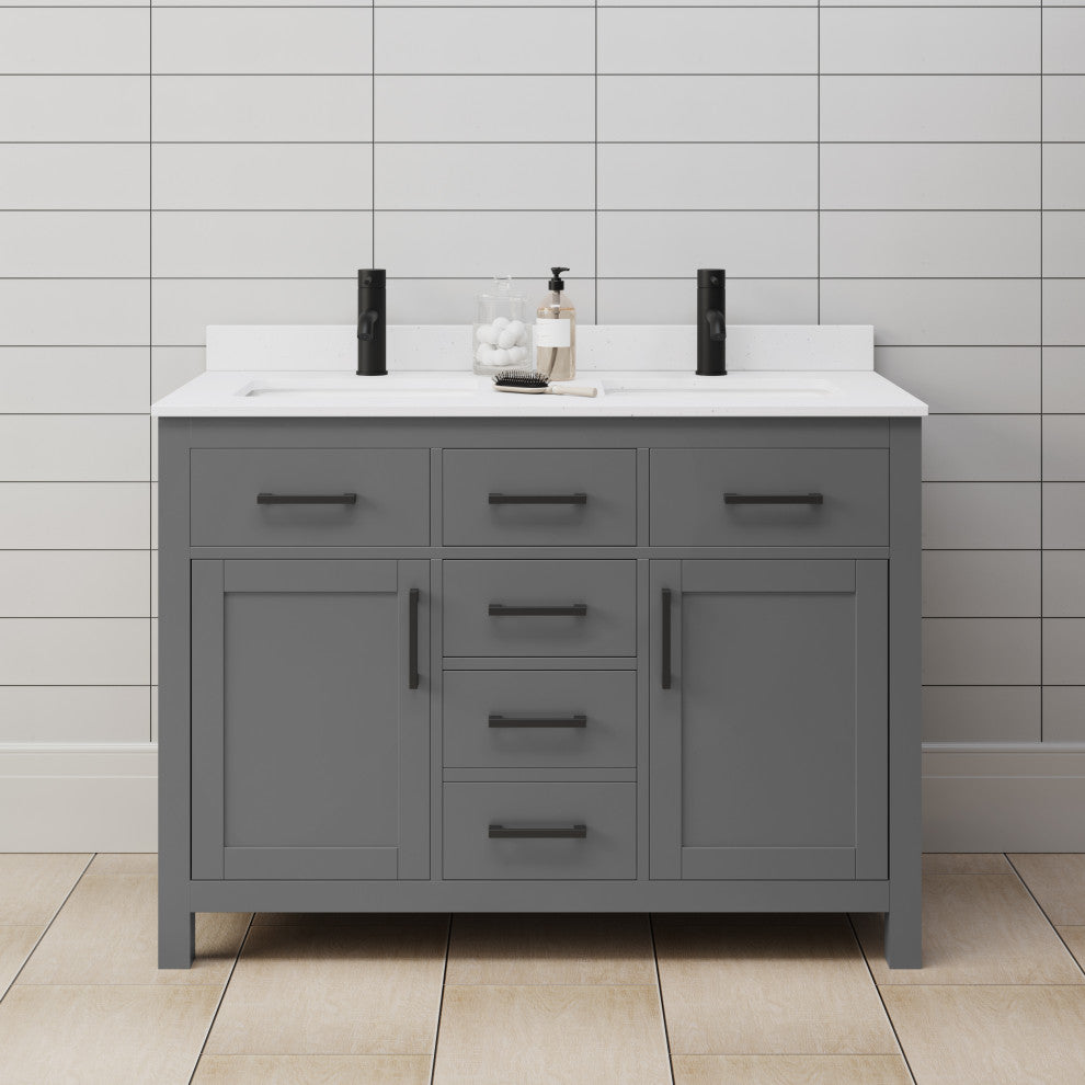 Beckett 48" Dark Gray Double Vanity, White Cultured Marble Top, Black Trim
