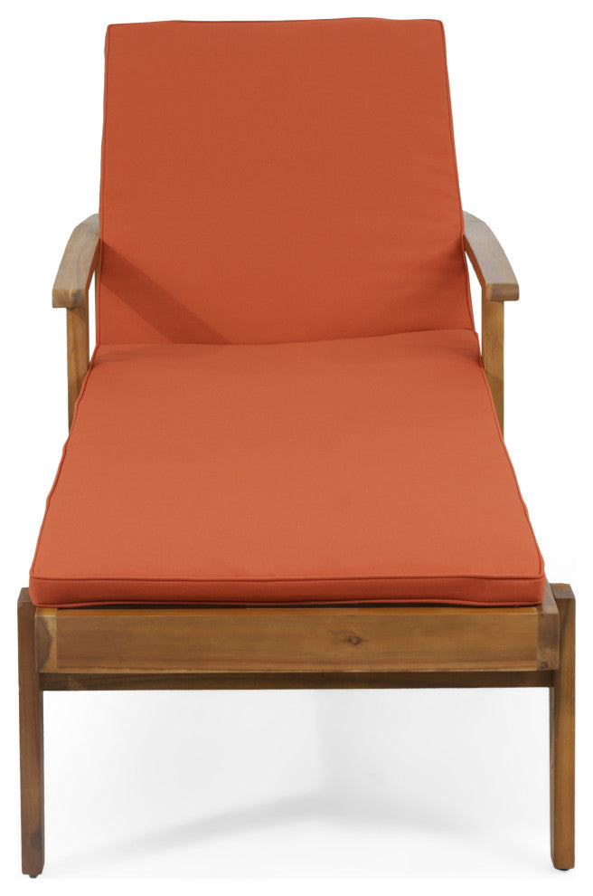 Lucknow Outdoor Acacia Wood Chaise Lounge with Water Resistant Cushion, Set of 2, Orange + Teak