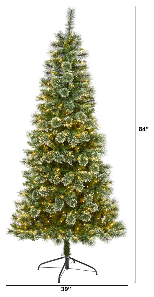 7' Wisconsin Slim Snow Tip Pine Faux Christmas Tree With 400 Clear LED Lights