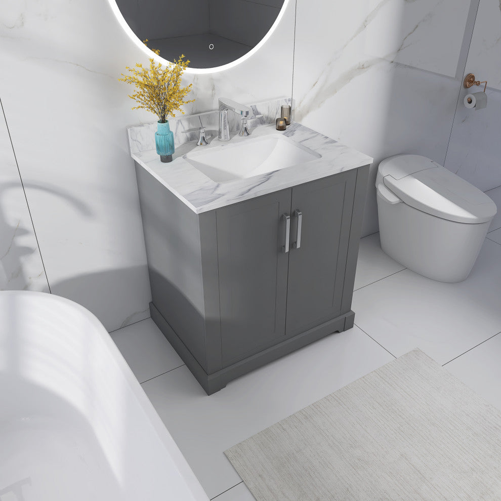 30" W x 22" D x 33" H Bath Vanity, Grey With Carrara White Marble