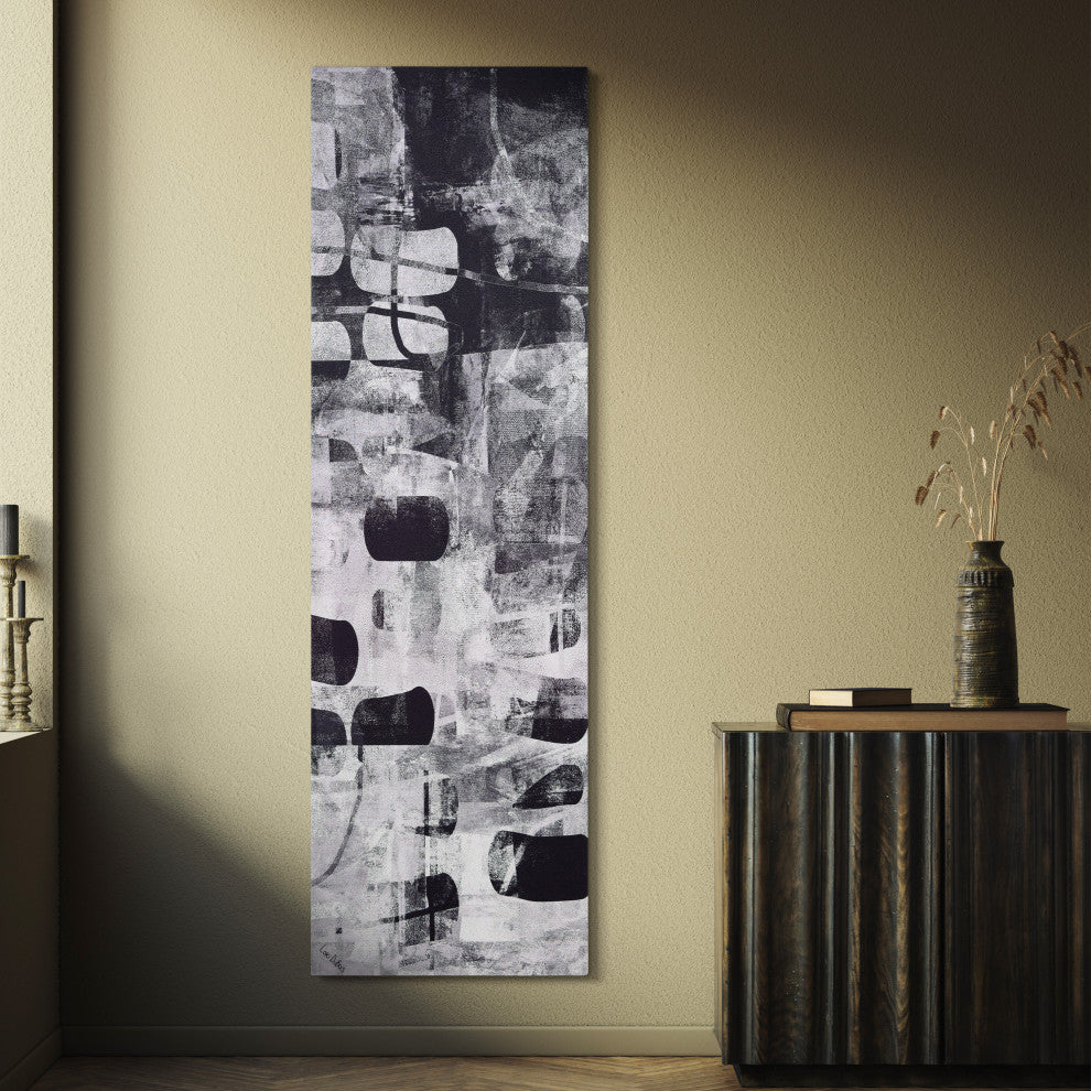 Monochrome Abstract Panel I Black Art on Silver Shagreen Wrapped Canvas Wall Art