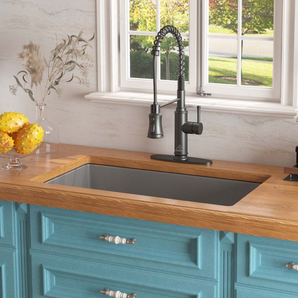32in Undermount Single Bowl Fireclay Kitchen Sink with Grid and Drainer, Matte Gray