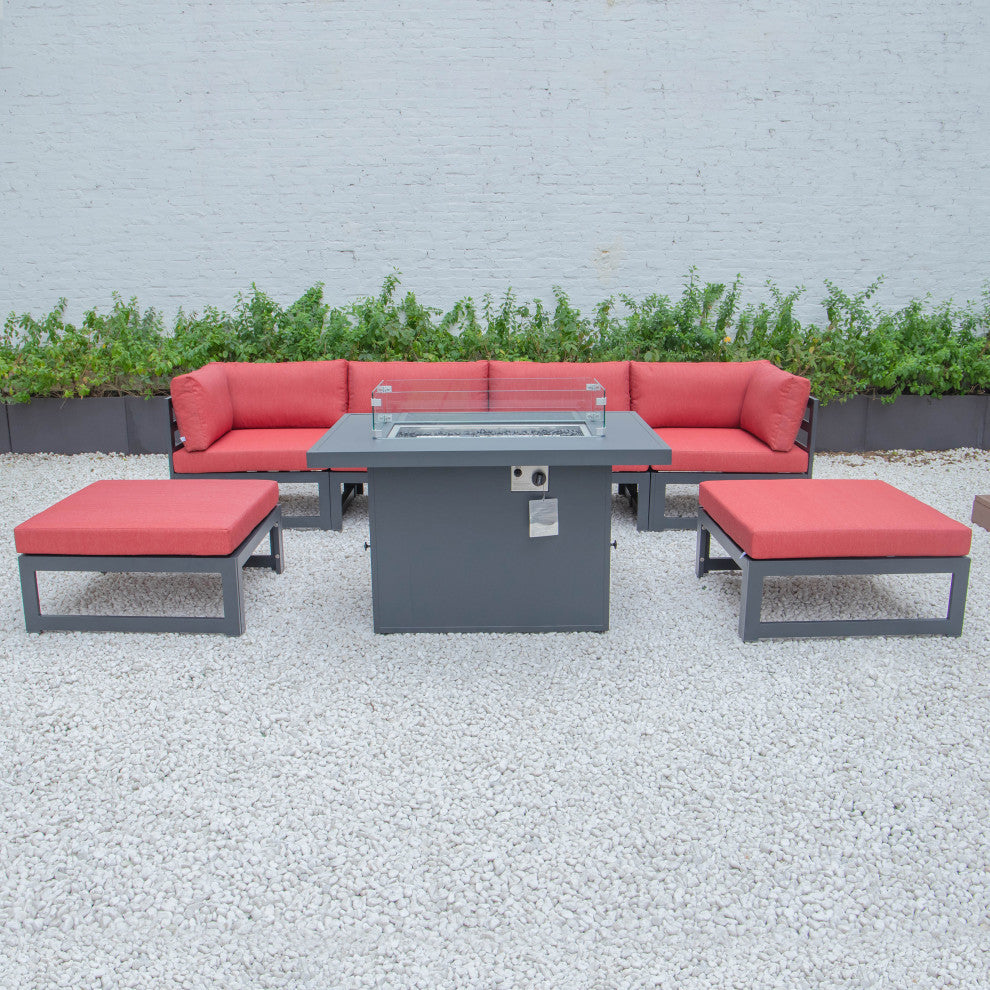 LeisureMod Chelsea 7-Piece Outdoor Sectional With Fire Pit Table, Red