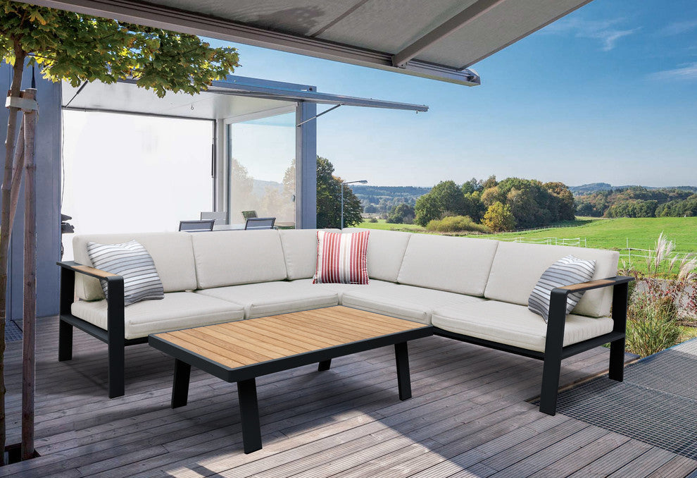 Armen Living Nofi Outdoor Sectional Set, Charcoal Finish With Taupe Cushions