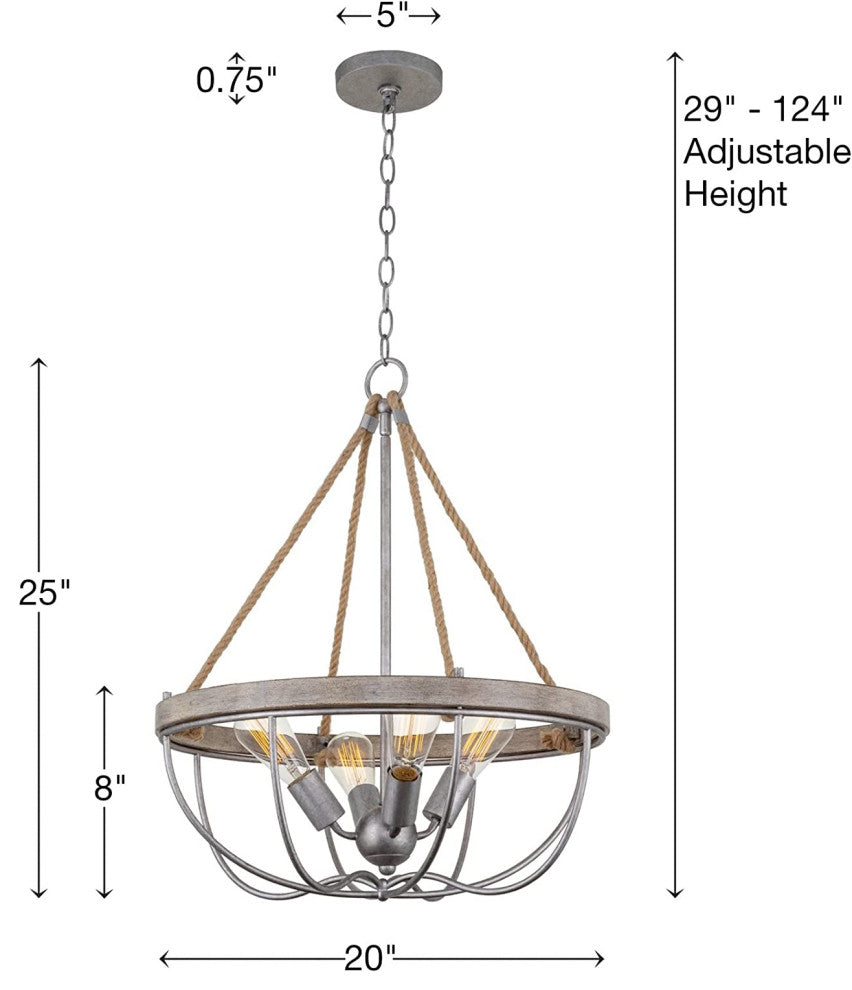 4 Light Farmhouse Chandelier Hemp Rope Pendant Light With Wood Style