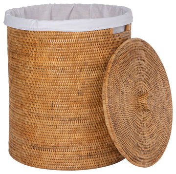 Round Rattan Hamper, Laundry Basket, Liner, Lid, 1 Large Load, Honey-Brown