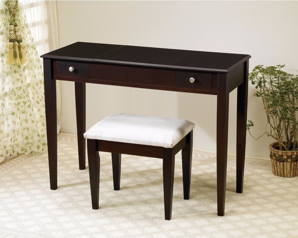 Contemporary 2 Piece Flip Top Vanity and Stool with Fabric Seat, Brown