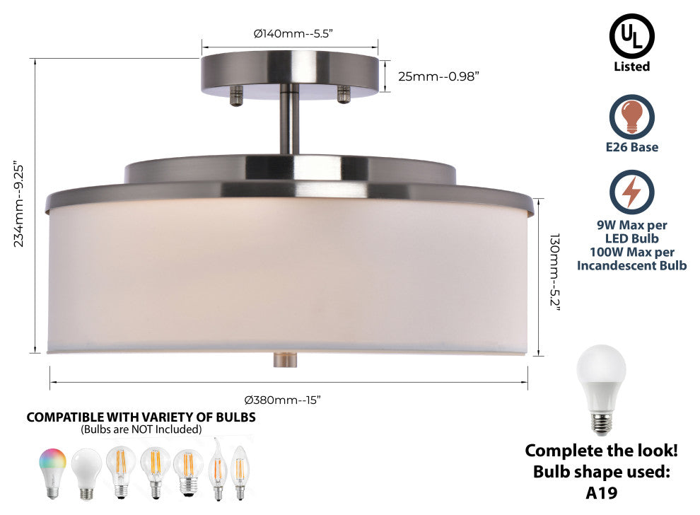 Lazzur Adour 3 Light 15" Satin Nickel Semi-Flush Mount Ceiling Light