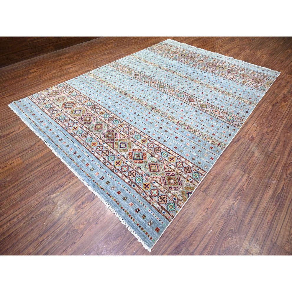 Blue Gray Super Kazak Khorjin Design Hand Knotted Wool Oriental Rug 8'2"x11'10"