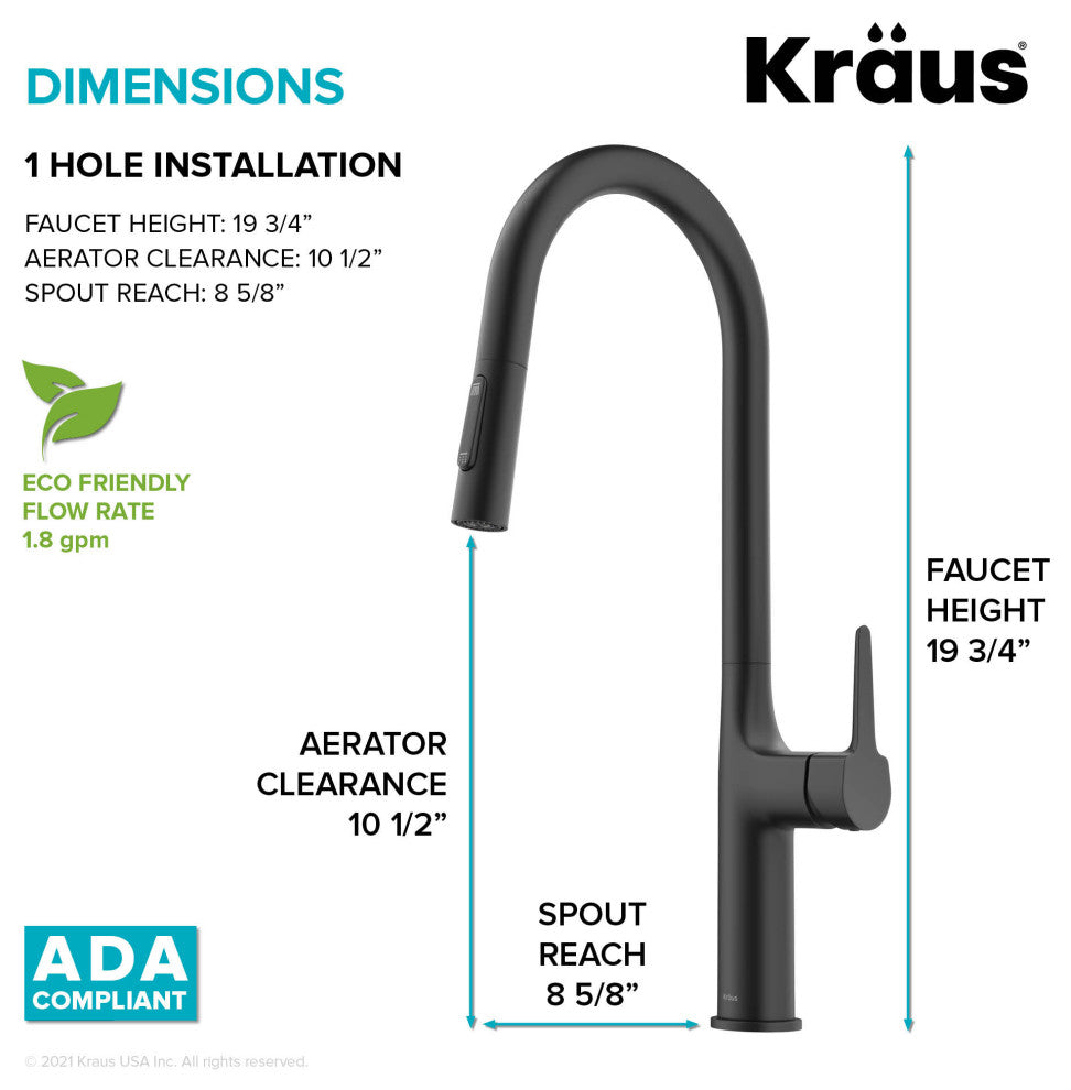 Oletto Pull-Down 1-Hole Kitchen Faucet, Matte Black, Model Kpf-3101mb