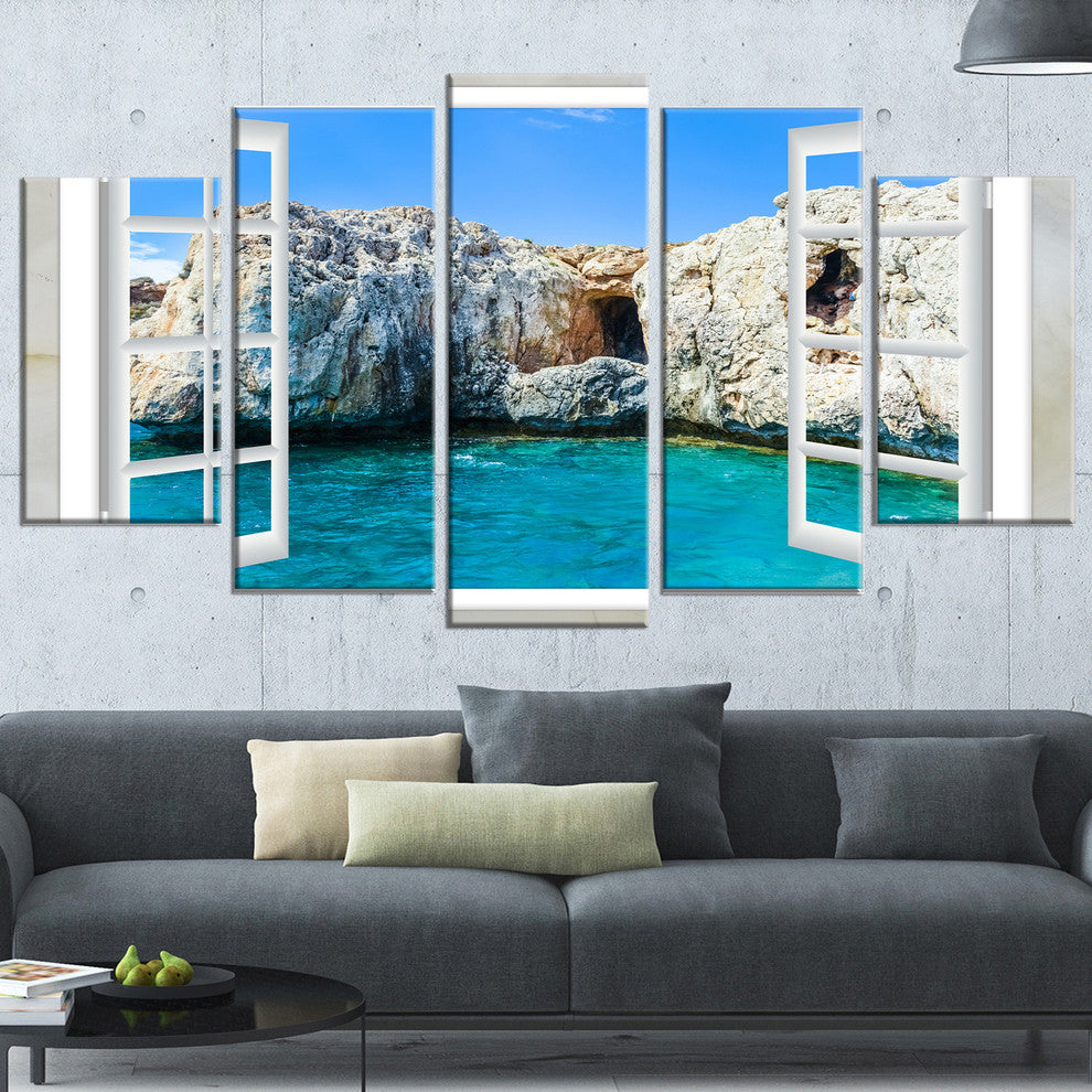 "Window Open To Sunny Summer Sea" Seashore Wall Art, 5 Panels, 60"x32"