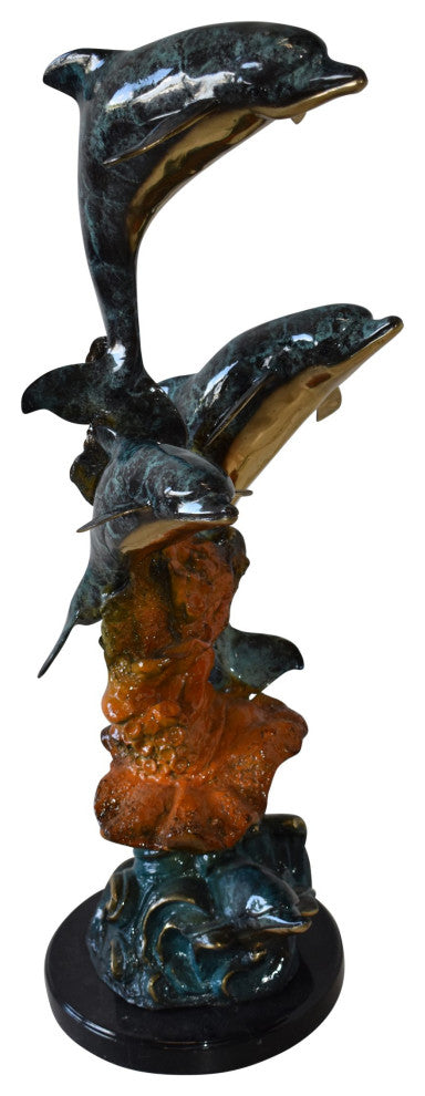 Three Large Dolphins on A Coral Bronze Statue Size: 20" x 18" x 41"H