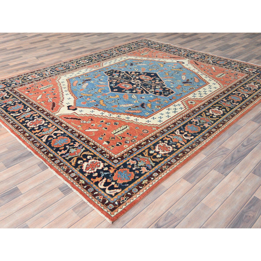 Coral Orange, Afghan Peshawar Heriz Wool Hand Knotted Oriental Rug, 8'x9'6"